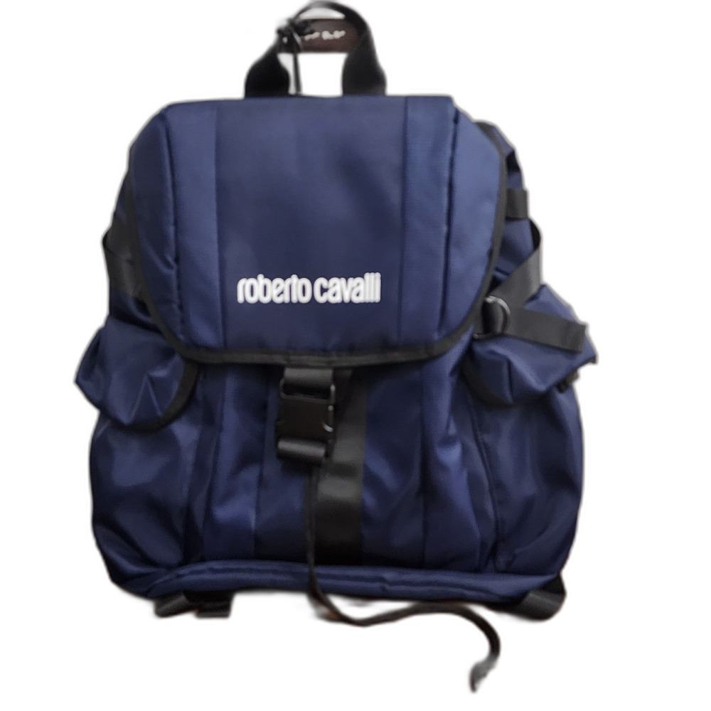 NWT Roberto Cavalli Blue Nylon Canvas Backpack Travel Rucksack Bag Logo